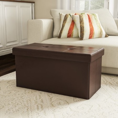 HASTINGS HOME Large Foldable Storage Bench Ottoman, Tufted Faux Leather Cube Organizer Furniture for Home (Brown) 164477LGO